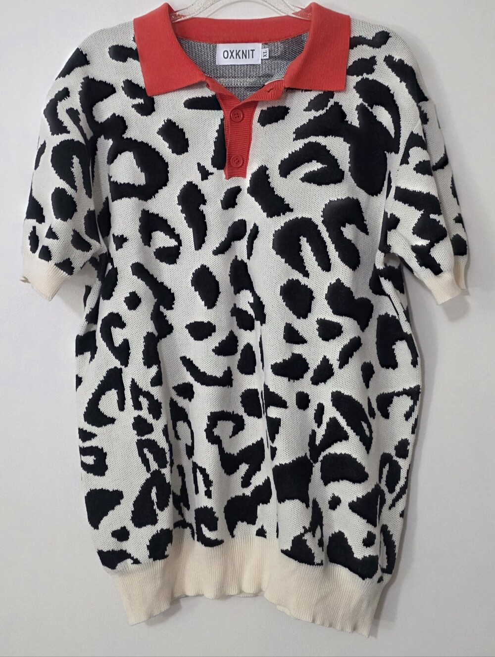OXKnit Retro Knit Polo Shirt Cotton Leopard Print Indie Sleaze Retro Mod XL